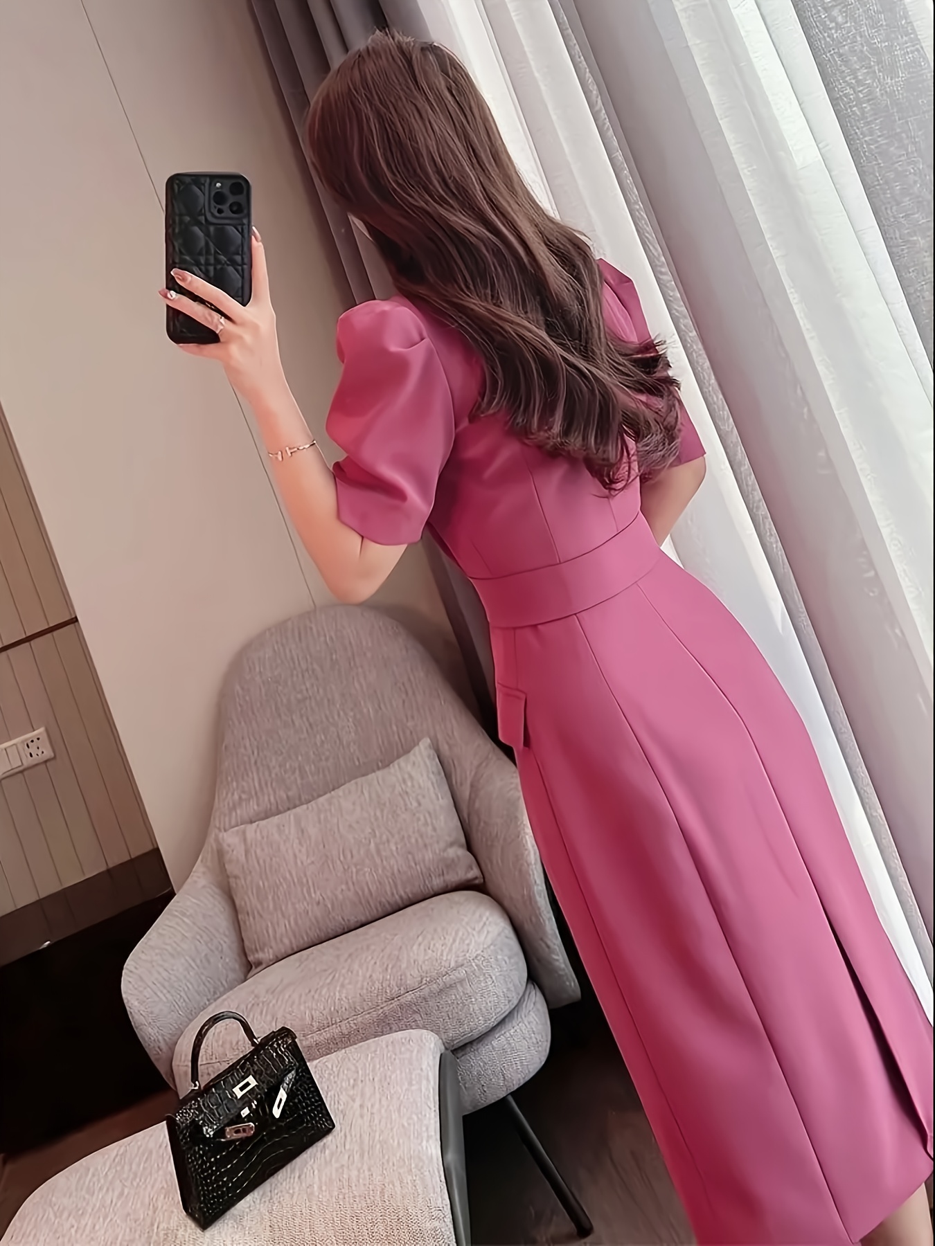 Bez opłat importowych Lokalny magazynElegancka sukienka z ołówkiem Magenta Różowa z inspiracją francuską - Chic notched collar, przycisk szczegółowy, mieszanka poliestrowa dla kobiet, idealna na wiosnę i jesień