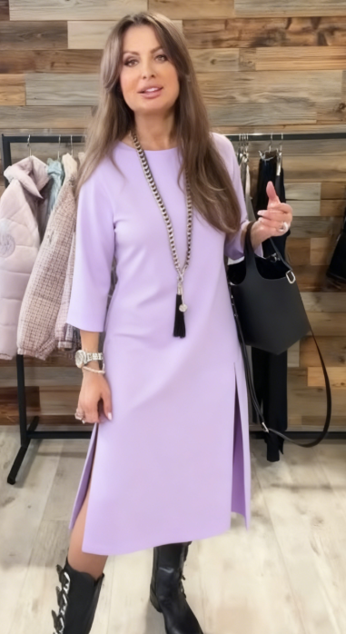 Sukienka casualowa, rękawy 3/4, okrągły dekolt, rozcięcie