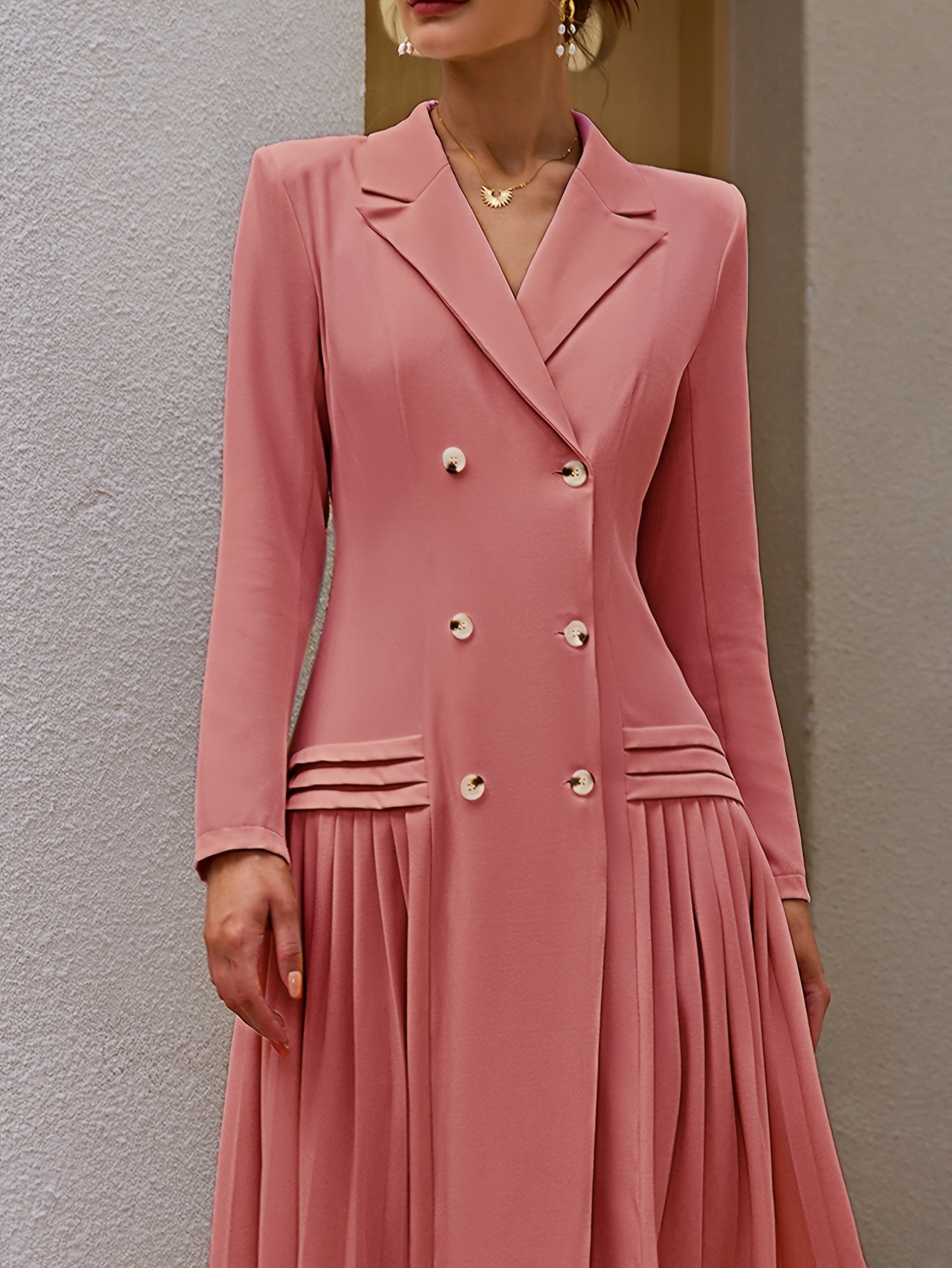 Kobiety Eleganckie Sukienka - Podwójne Piersie, Notch Lapel, Plisowane Hem