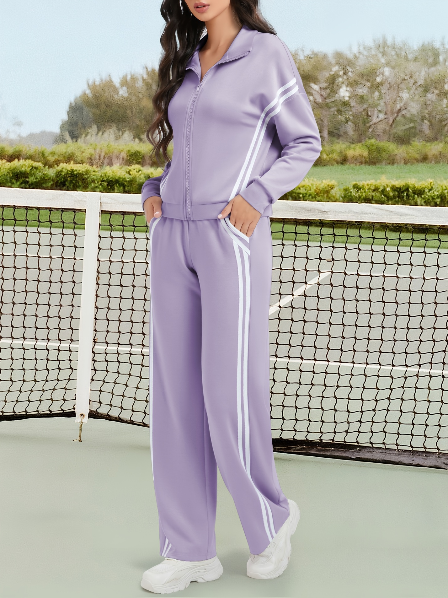 No import chargesLocal warehouse[Soft Material | Sporty Casual] Kobiety All-Season Sporty Casual Dwa-kawałkowy zestaw - Bluza z zamkiem + Kontrastowe paskowe szerokie spodnie jogging nogi, z szczegółami kieszeni i 99% pozytywnych opinii Wygodna tkani