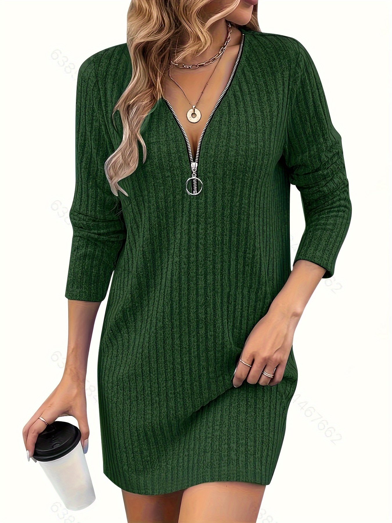 Dostawa w ciągu 5+ DNI ROBOCZYCHDamska prążkowana sukienka z głębokim dekoltem w serek - Długi rękaw, jednolity kolor, styl casual z detalami na guziki, idealna na jesień/zimę, codzienna odzież zimowa | Sukienka z głębokim dekoltem w serek | Konstruk