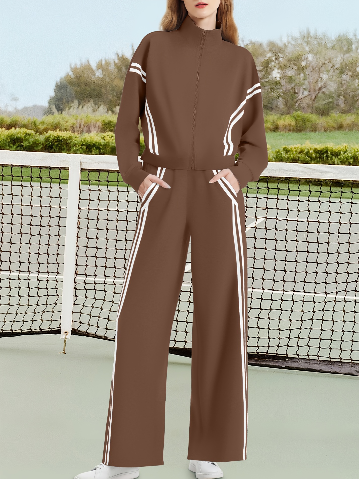 No import chargesLocal warehouse[Soft Material | Sporty Casual] Kobiety All-Season Sporty Casual Dwa-kawałkowy zestaw - Bluza z zamkiem + Kontrastowe paskowe szerokie spodnie jogging nogi, z szczegółami kieszeni i 99% pozytywnych opinii Wygodna tkani