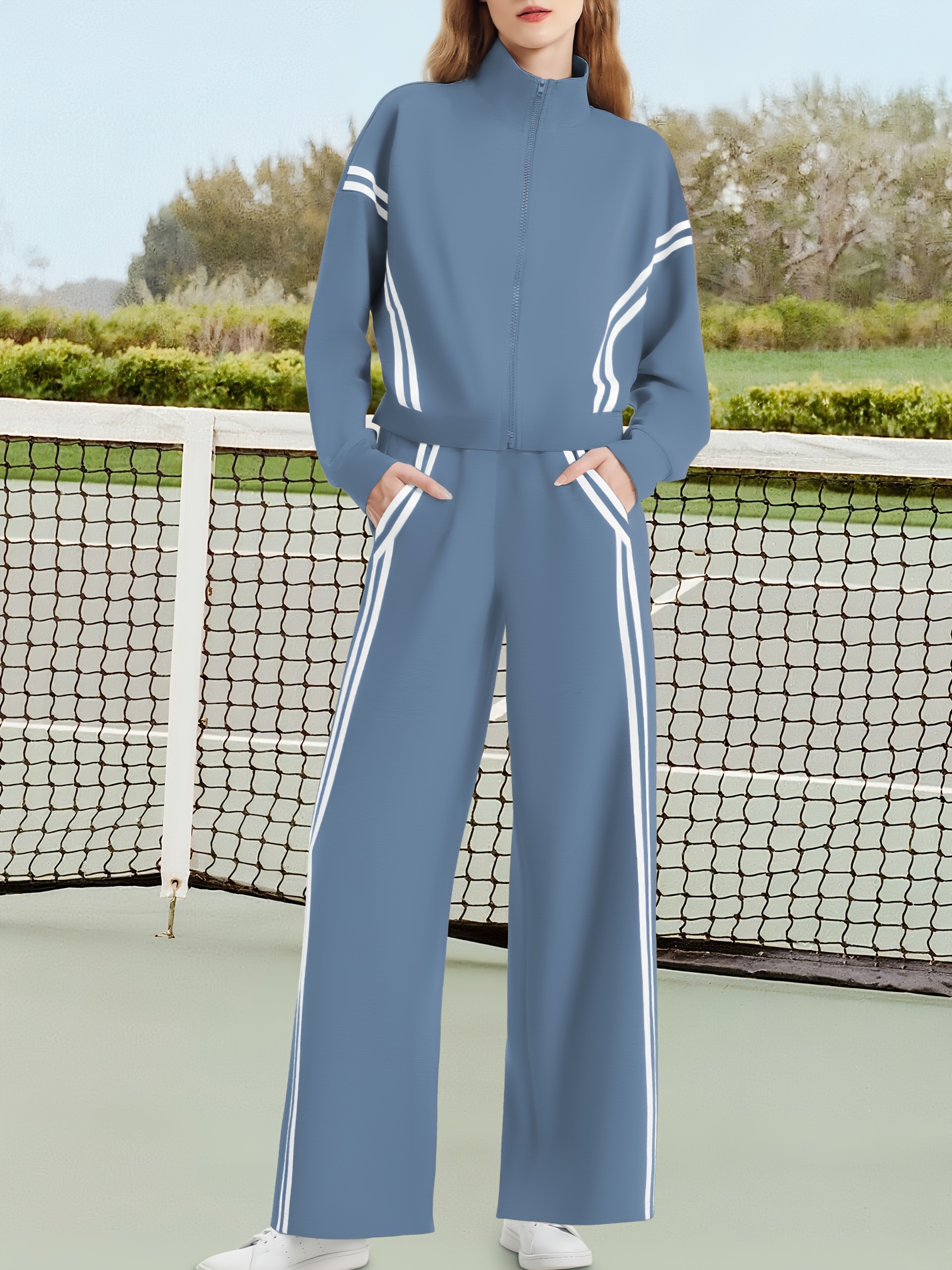 No import chargesLocal warehouse[Soft Material | Sporty Casual] Kobiety All-Season Sporty Casual Dwa-kawałkowy zestaw - Bluza z zamkiem + Kontrastowe paskowe szerokie spodnie jogging nogi, z szczegółami kieszeni i 99% pozytywnych opinii Wygodna tkani