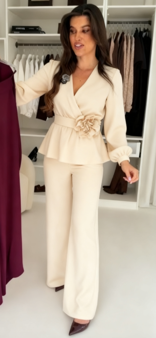 Garnitur damski z ręcznie wykonanymi trójwymiarowymi kwiatowymi zdobieniami w talii i luźnymi spodniami.