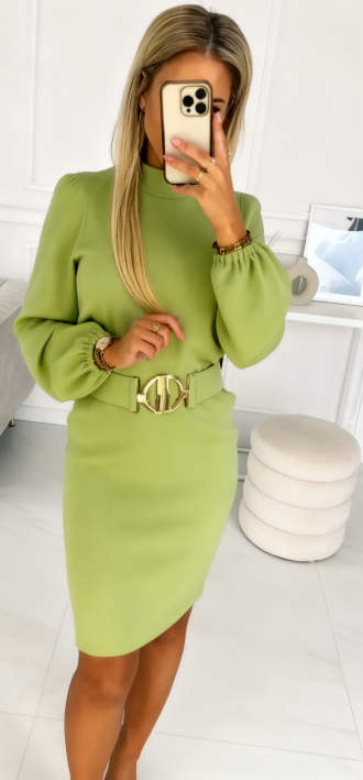 Sukienka z długim rękawem, okrągłym dekoltem, z paskiem