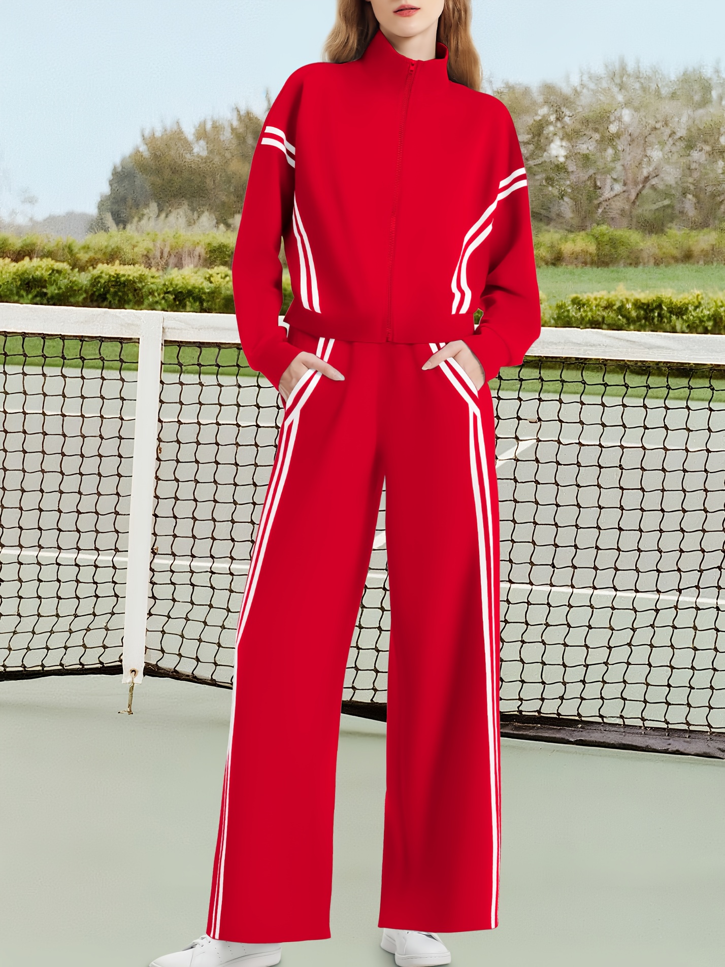 No import chargesLocal warehouse[Soft Material | Sporty Casual] Kobiety All-Season Sporty Casual Dwa-kawałkowy zestaw - Bluza z zamkiem + Kontrastowe paskowe szerokie spodnie jogging nogi, z szczegółami kieszeni i 99% pozytywnych opinii Wygodna tkani