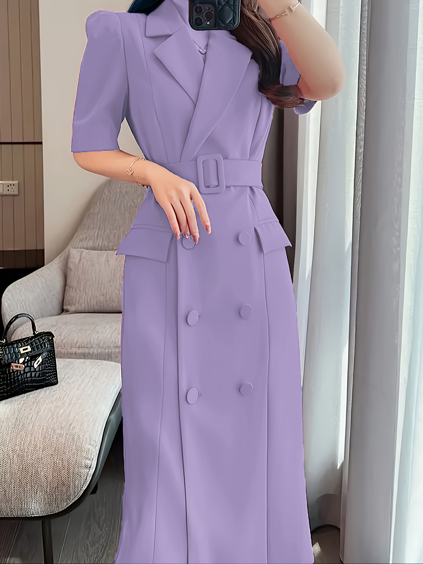 Bez opłat importowych Lokalny magazynElegancka sukienka z ołówkiem Magenta Różowa z inspiracją francuską - Chic notched collar, przycisk szczegółowy, mieszanka poliestrowa dla kobiet, idealna na wiosnę i jesień