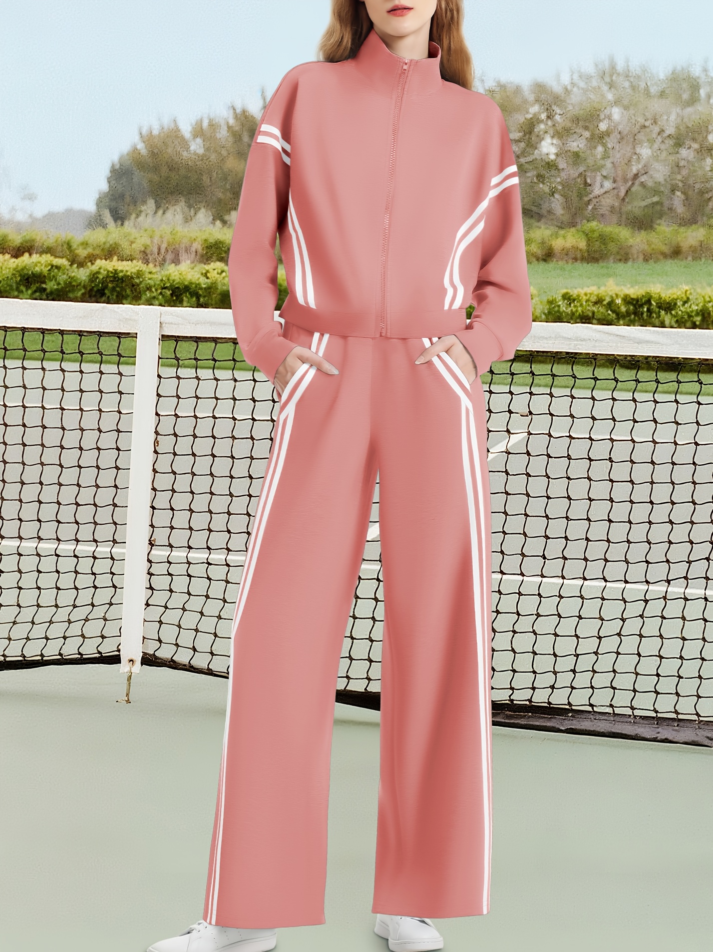 No import chargesLocal warehouse[Soft Material | Sporty Casual] Kobiety All-Season Sporty Casual Dwa-kawałkowy zestaw - Bluza z zamkiem + Kontrastowe paskowe szerokie spodnie jogging nogi, z szczegółami kieszeni i 99% pozytywnych opinii Wygodna tkani