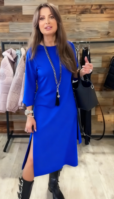 Sukienka casualowa, rękawy 3/4, okrągły dekolt, rozcięcie