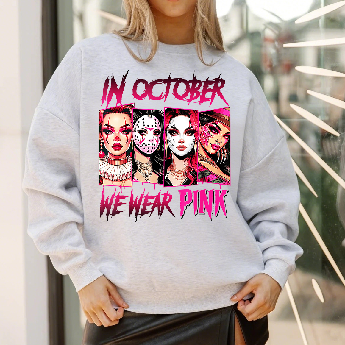 In October We Wear Pink Horror Halloween Breast Cancer T-Shirt