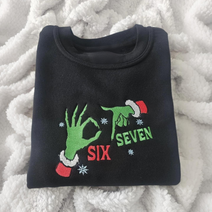 Funny 67 Six Seven Meme Grinch Embroidered Sweatshirt