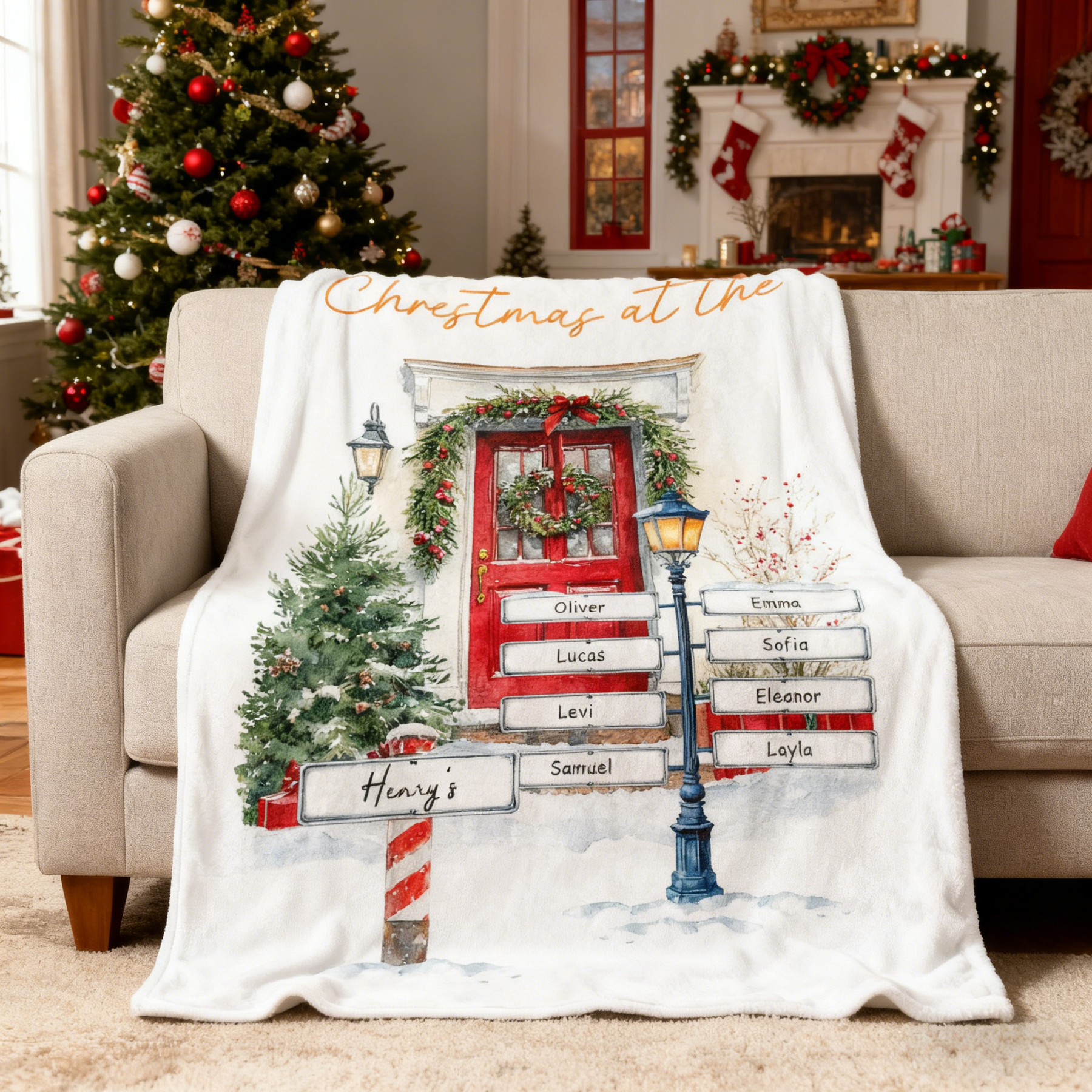 Custom Christmas Door Print Family Name Blanket
