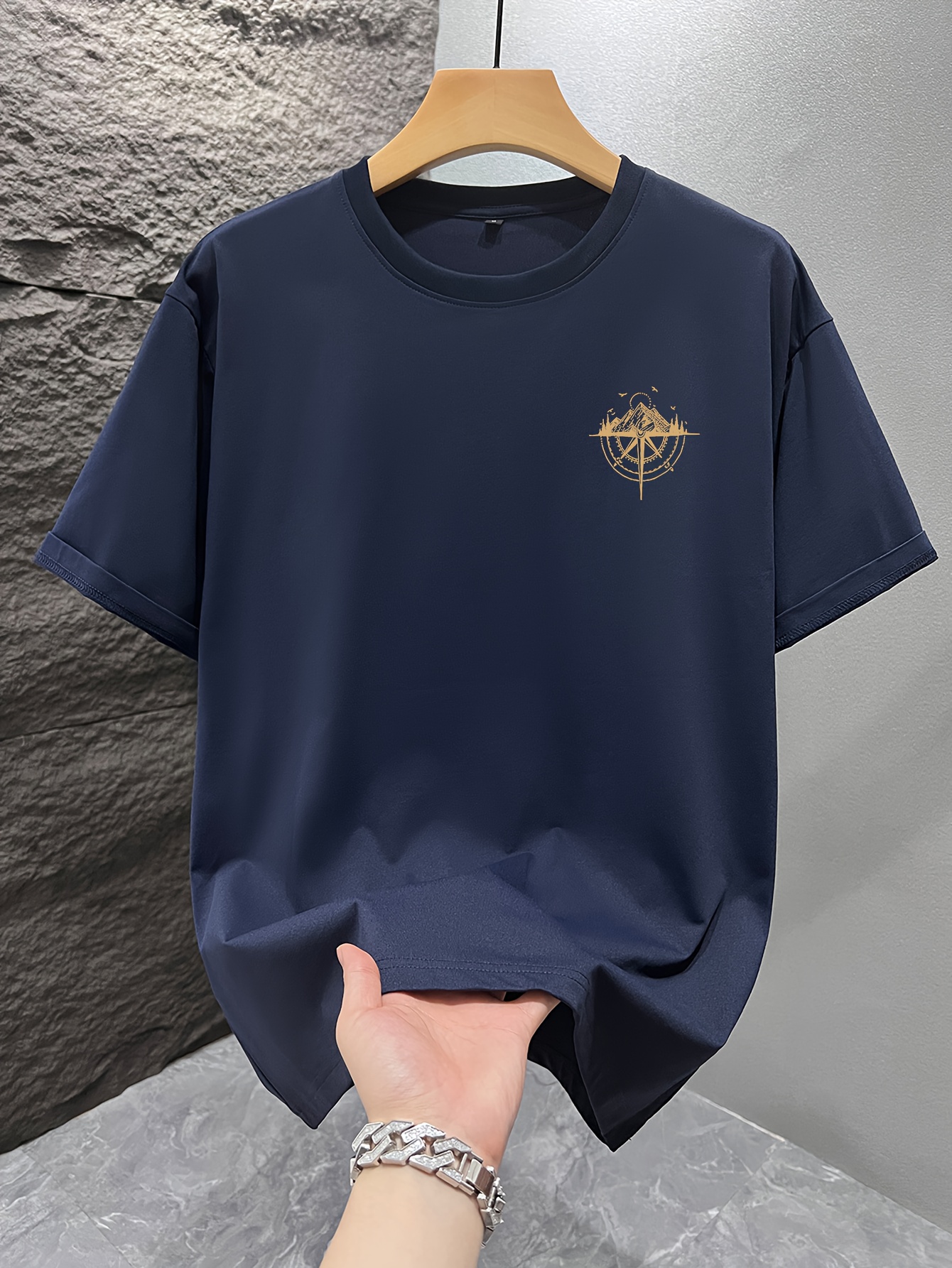 Men's Short Sleeve T-Shirt 100% Polyester Loose Fit Casual Round Neck Navy Blue with Golden Compass Rose Mountain Print - Summer Outdoor Adventure Graphic Tee, Modern Casual Top | Easy Care Clothing