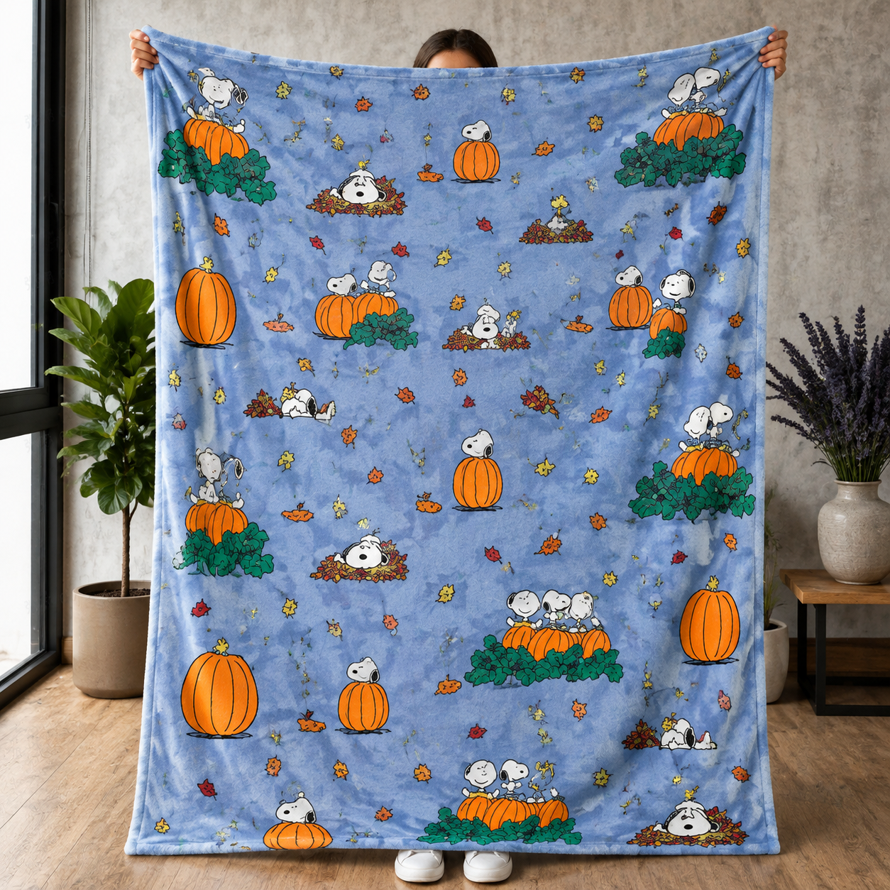 Cartoon Beagle Autumn Pumpkin Fleece Throw Blanket