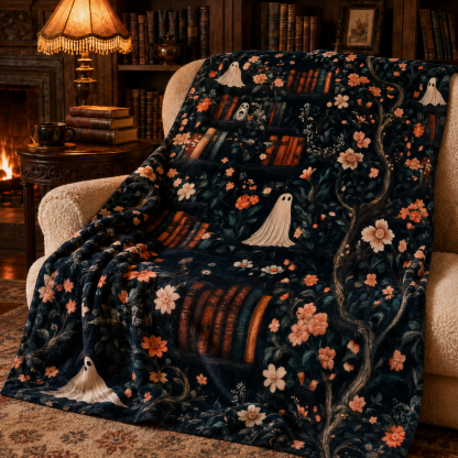 Haunted Library Ghost & Floral Halloween Throw Blanket