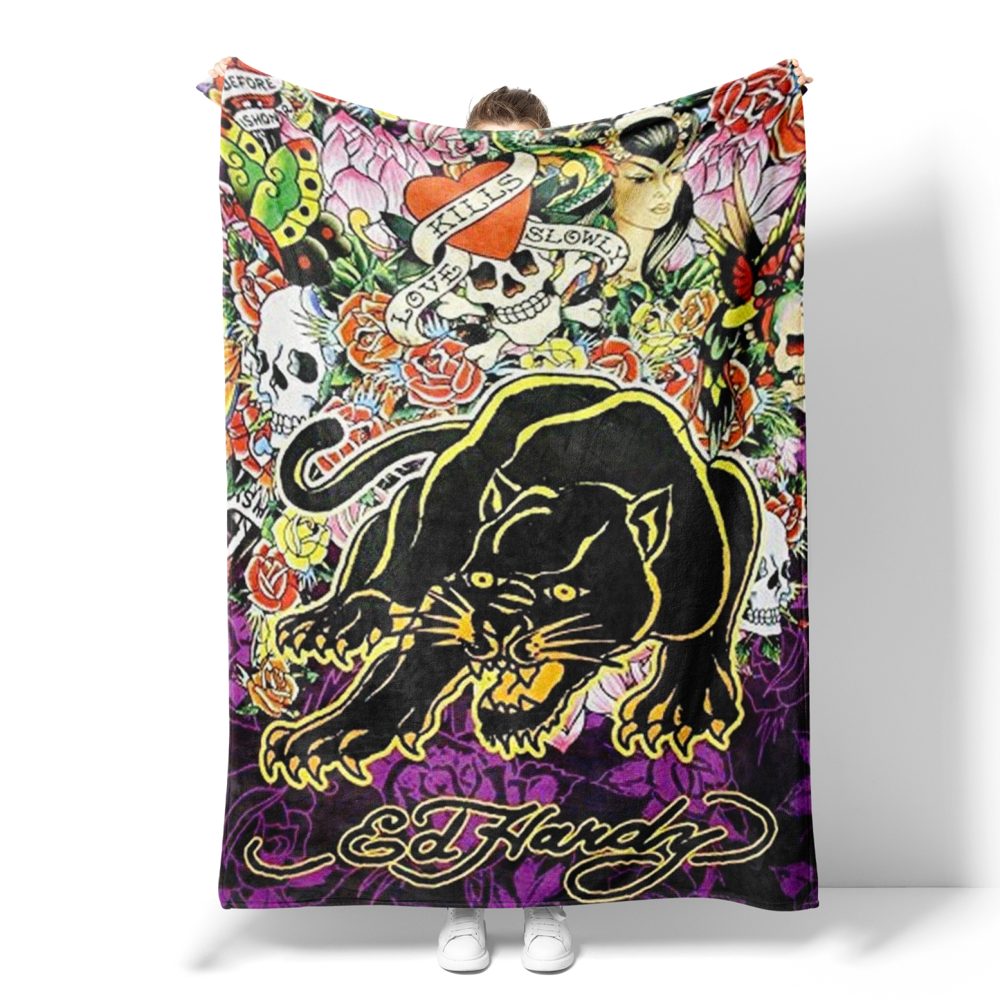 Ed Hardy Black Panther Tattoo Art Blanket