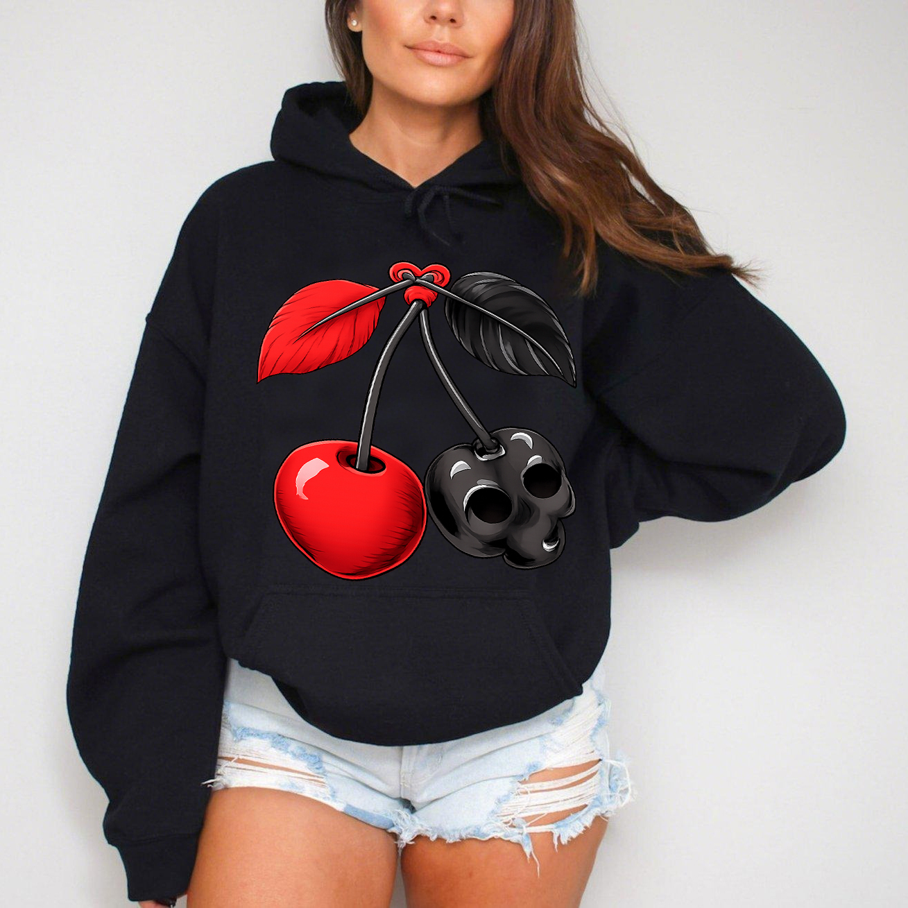 Vintage Black and Red Skull Cherry Print Sweatshirt
