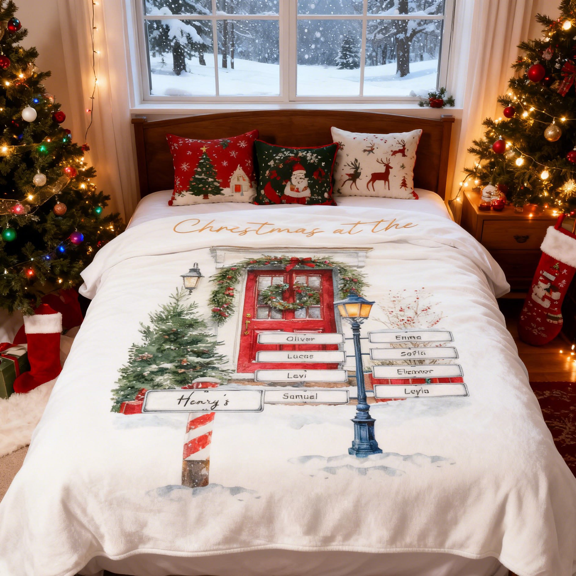 Custom Christmas Door Print Family Name Blanket