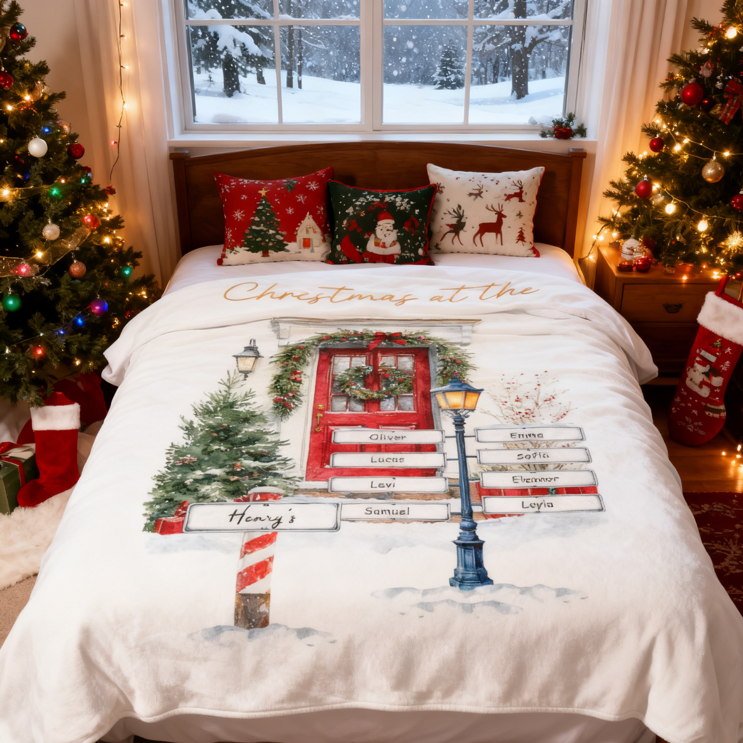Custom Christmas Door Print Family Name Blanket