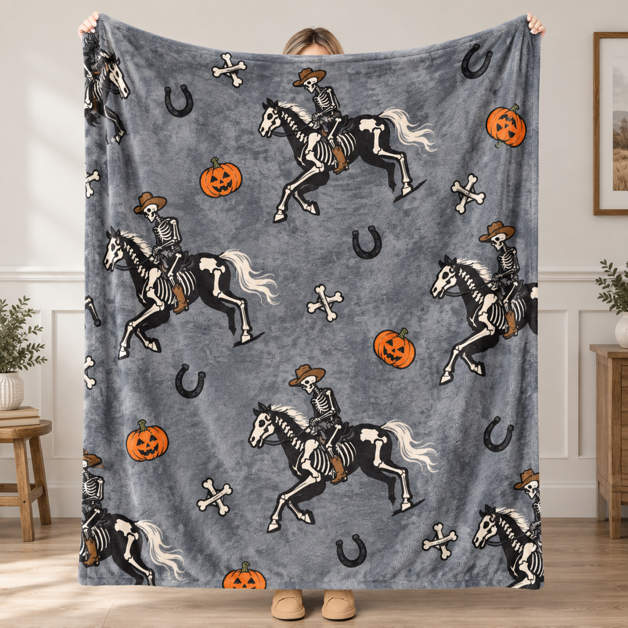 Western Skeleton Rider Halloween Throw Blanket