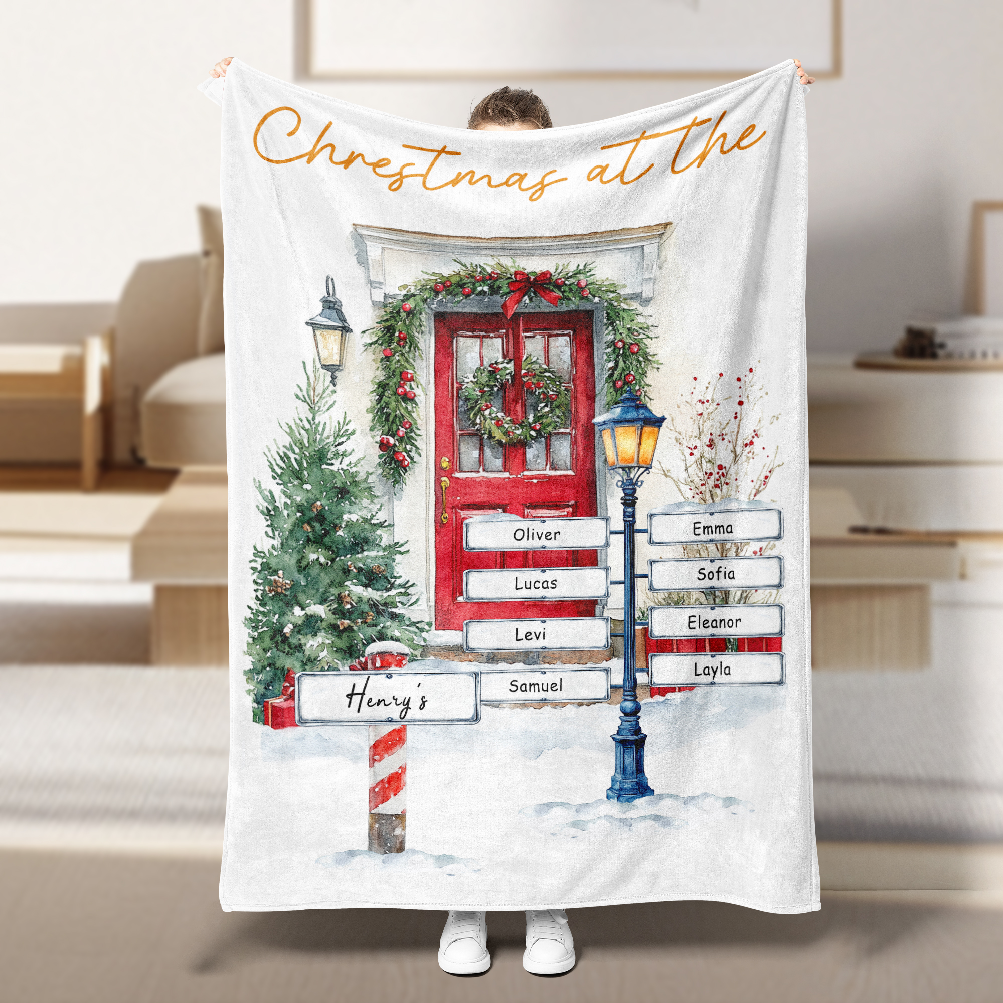 Custom Christmas Door Print Family Name Blanket