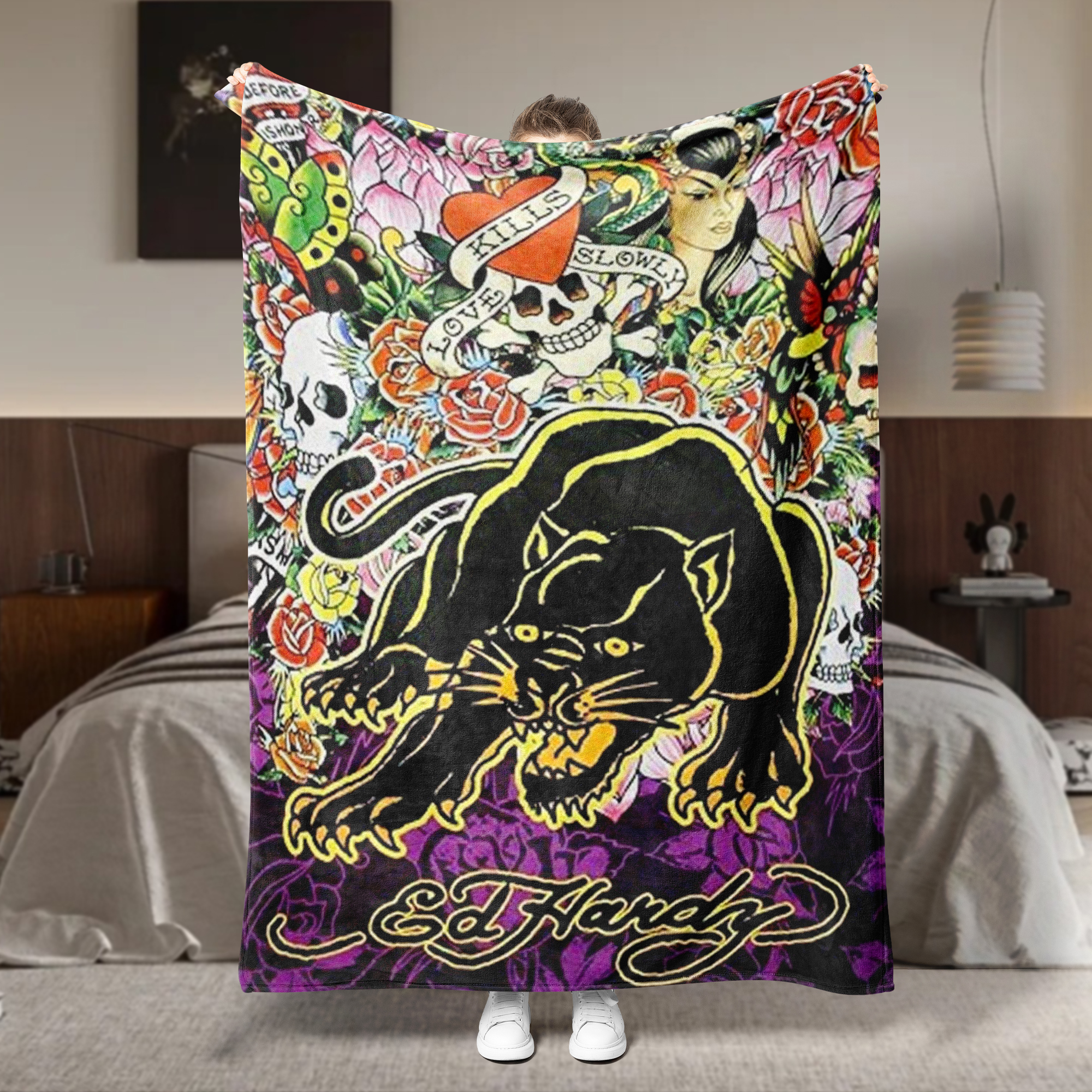 Ed Hardy Black Panther Tattoo Art Blanket