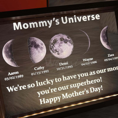 Led light frame with text and date - mom's universe