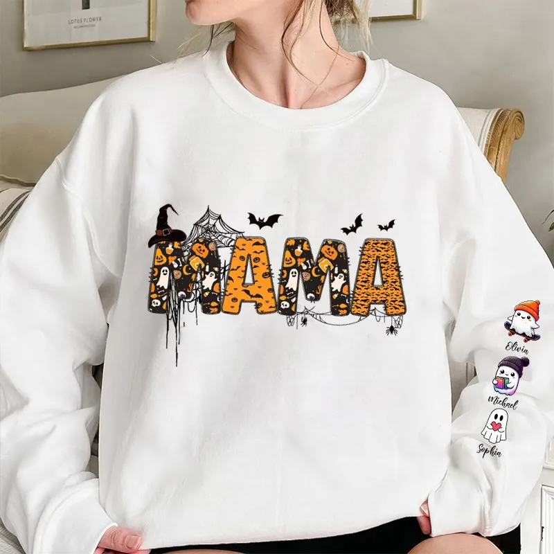 Halloween Mama Wears Her Ghost Kids on Her Sleeve Custom Sweatshirt (Image Collection Version)