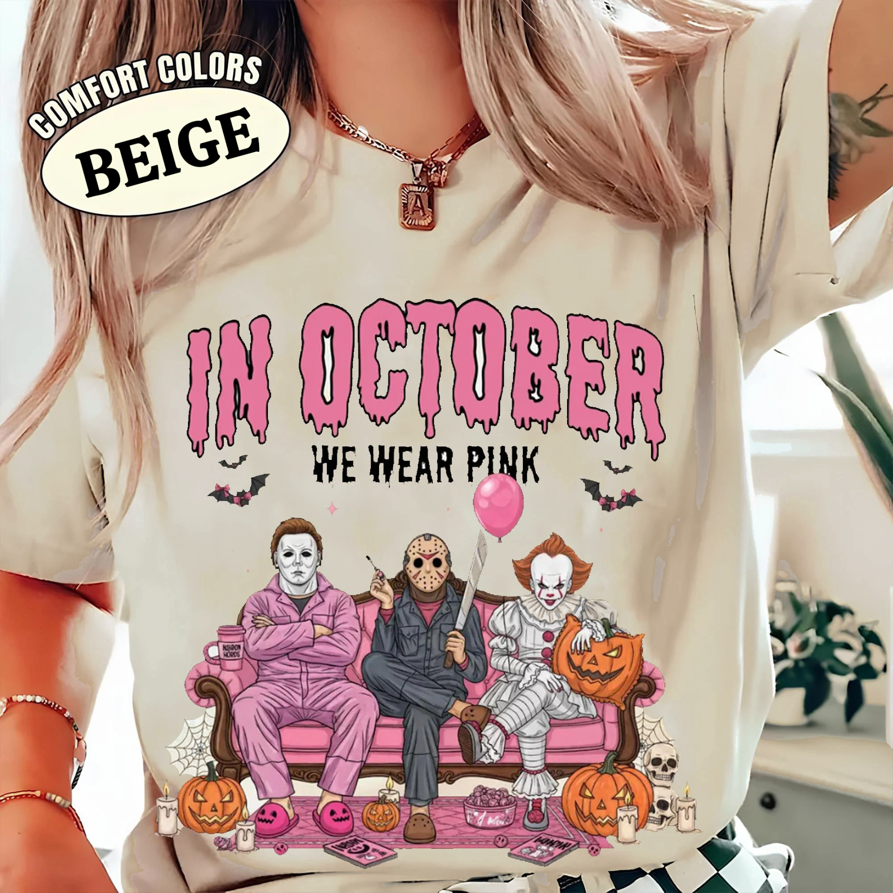 Halloween Horror Characters Breast Cancer Awareness T-Shirt