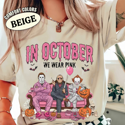 Halloween Horror Characters Breast Cancer Awareness T-Shirt