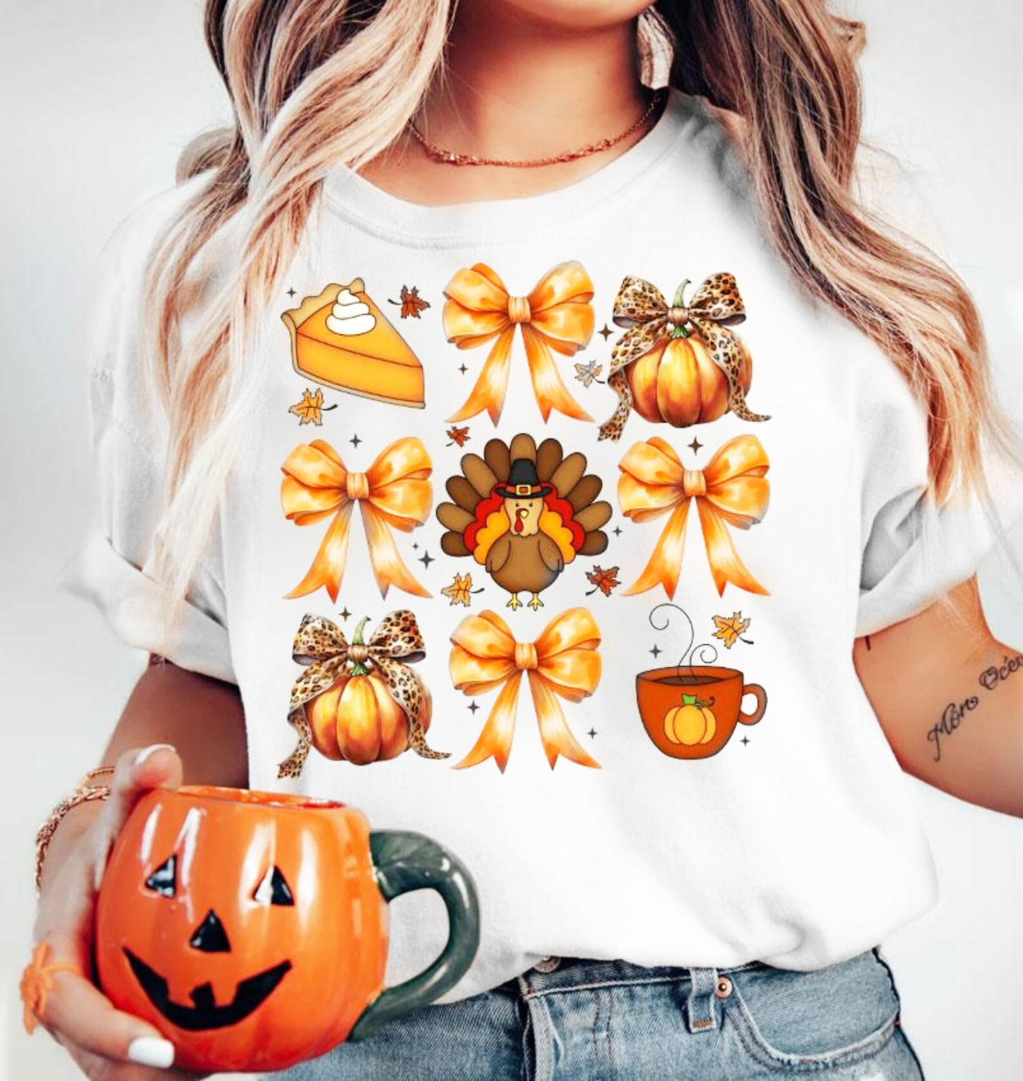 Coquette Bow Pumpkin Pie Turkey Thanksgiving Autumn Fall T-Shirt