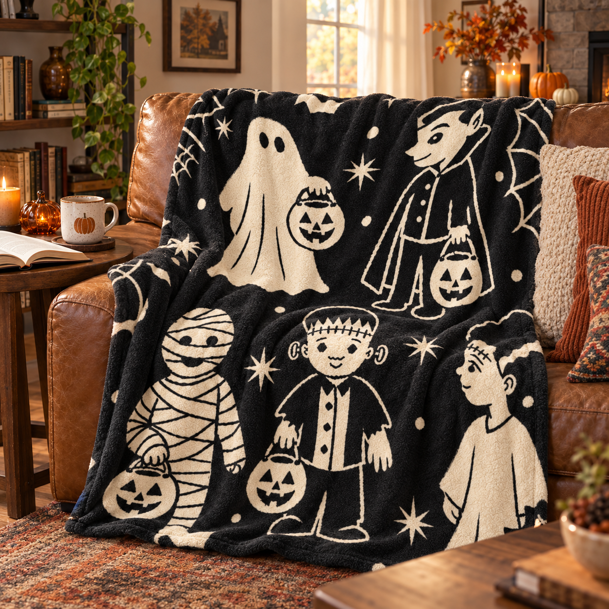 Vintage Halloween Trick-or-Treat Characters Blanket – Spooky Retro Throw