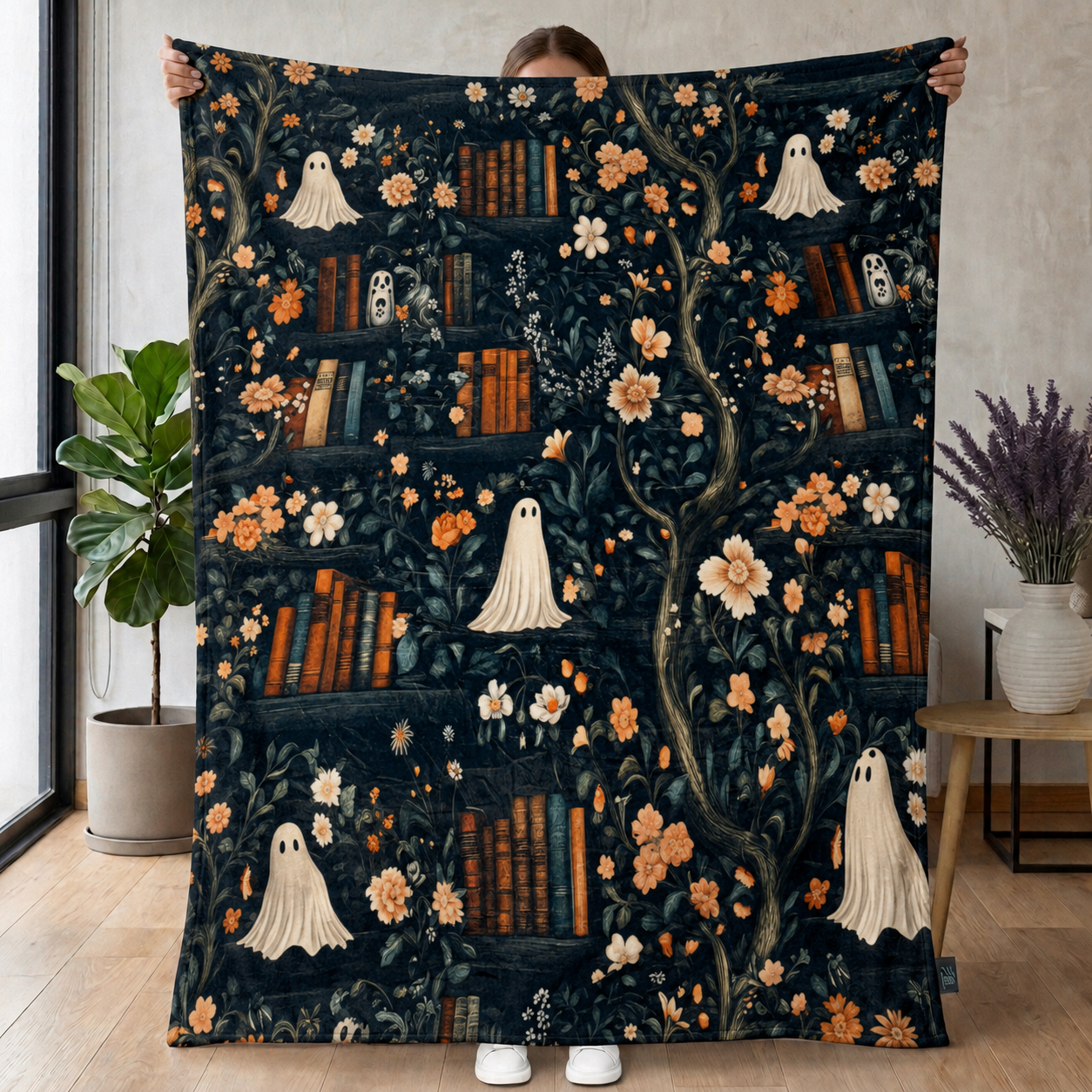 Haunted Library Ghost & Floral Halloween Throw Blanket