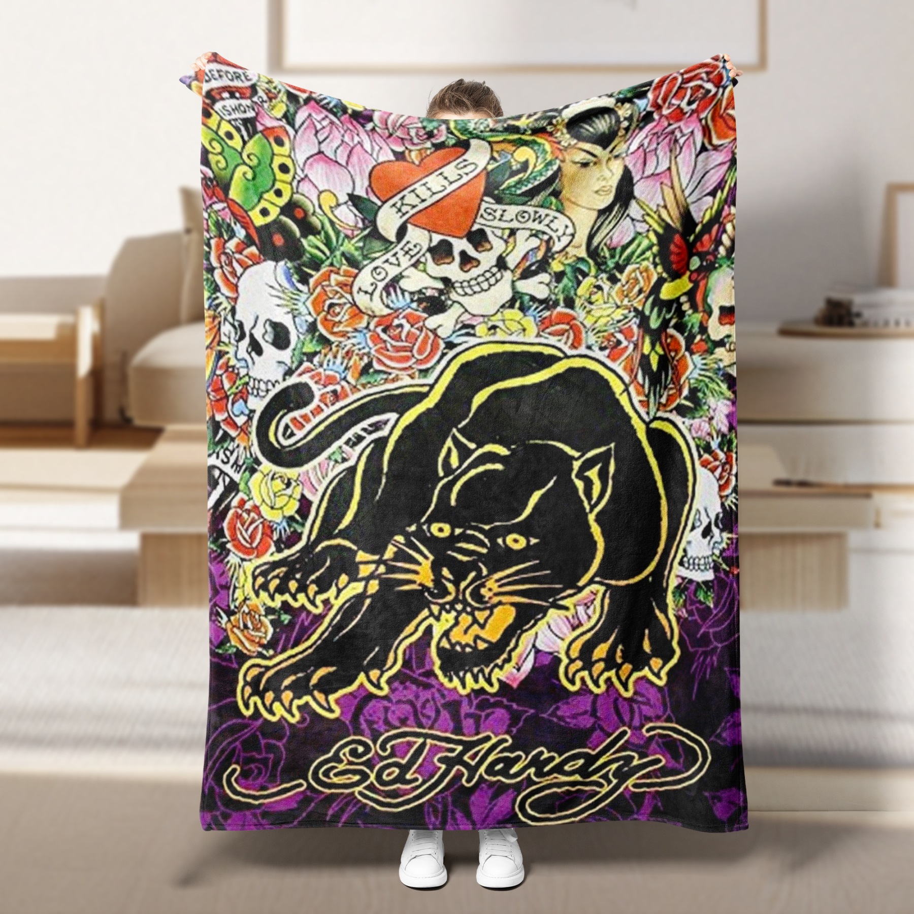 Ed Hardy Black Panther Tattoo Art Blanket