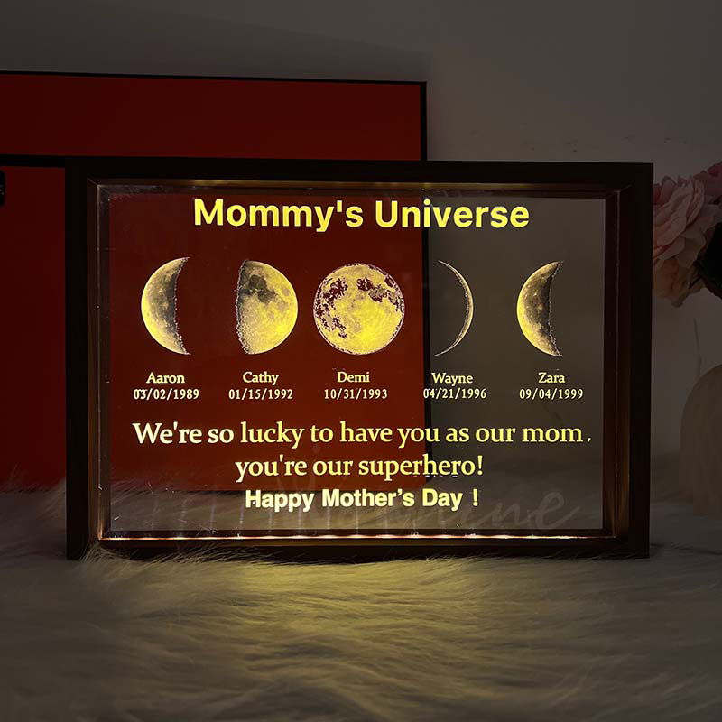 Led light frame with text and date - mom's universe