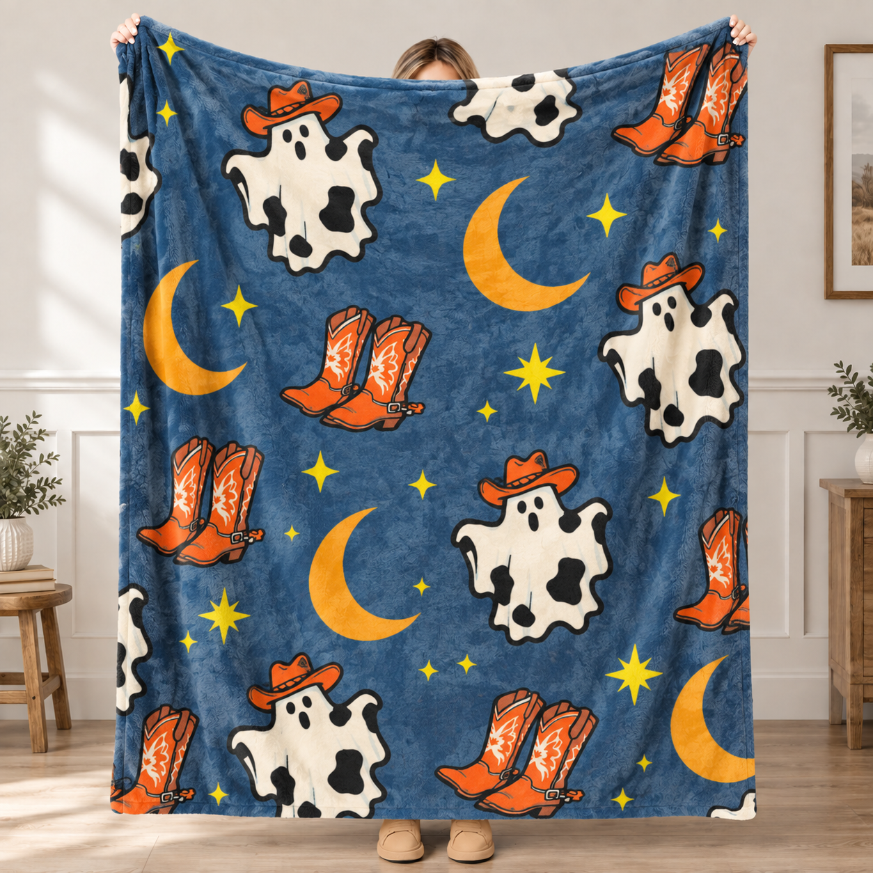 Cowgirl Ghost & Moon Halloween Throw Blanket