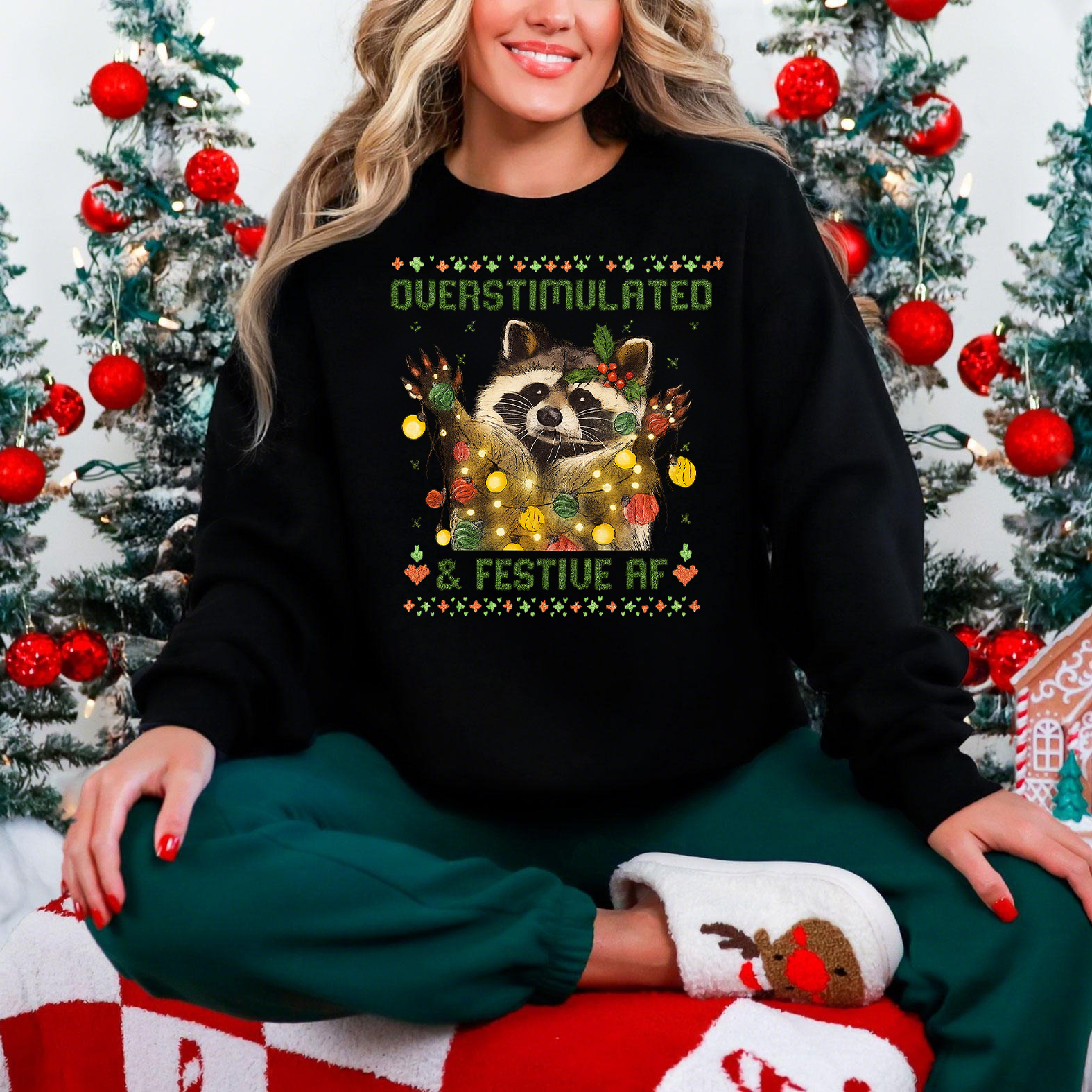 Overstimulated & Festive Af Raccoon Sweatshirt