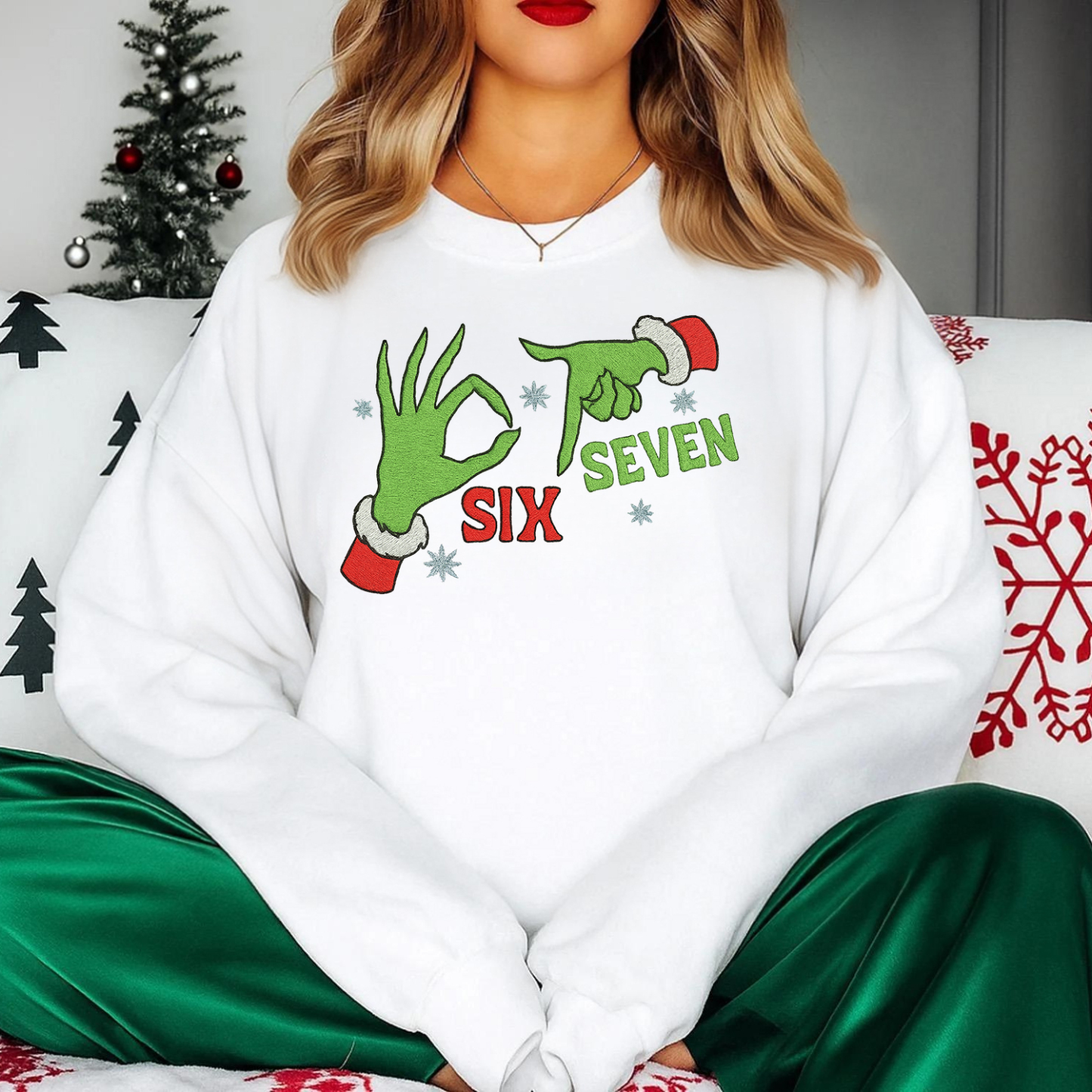 Funny 67 Six Seven Meme Grinch Embroidered Sweatshirt