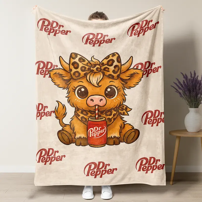 Highland Cow Dr. Pepper Print Cozy Throw Blanket - Adorable Farm Animal Home Decor