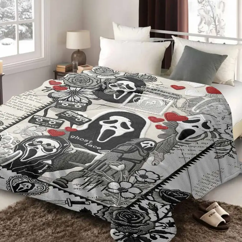 Ghost Face Roses Floral Cassette Embroidery Flannel Blanket