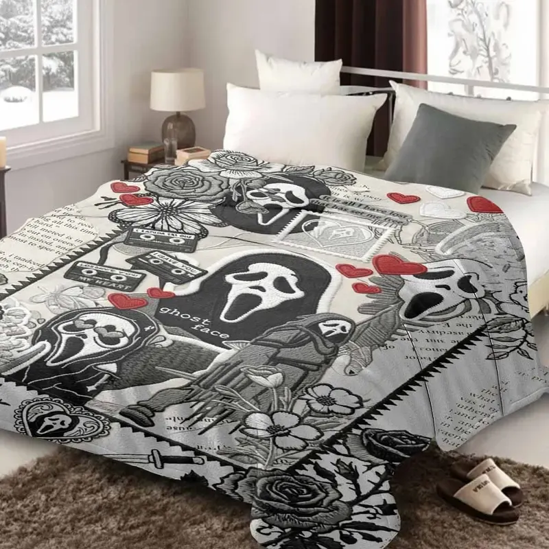 Ghost Face Roses Floral Cassette Embroidery Flannel Blanket