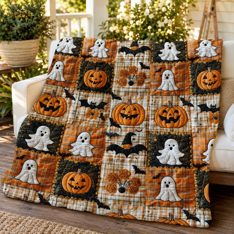 3D Effect Printed Halloween Pumpkin & Ghost Fleece Throw Blanket