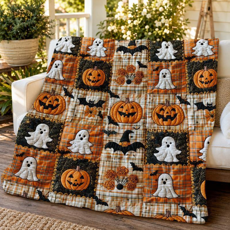 3D Effect Printed Halloween Pumpkin & Ghost Fleece Throw Blanket