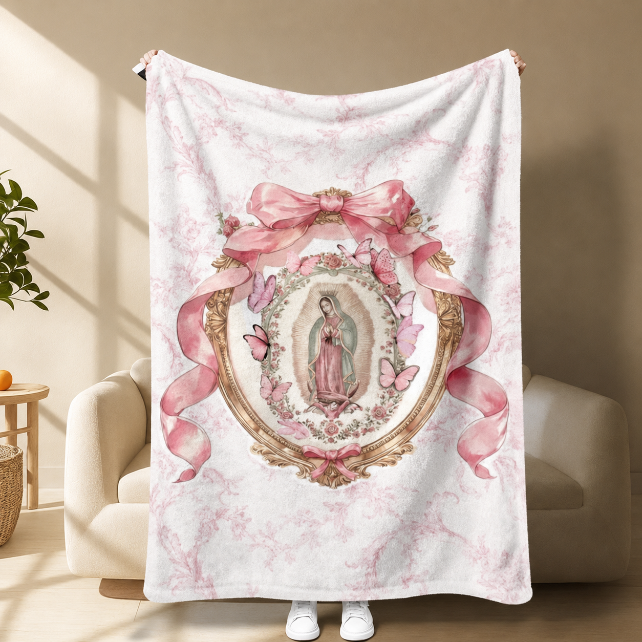 Our Lady of Guadalupe Pink Bow & Butterfly Blanket