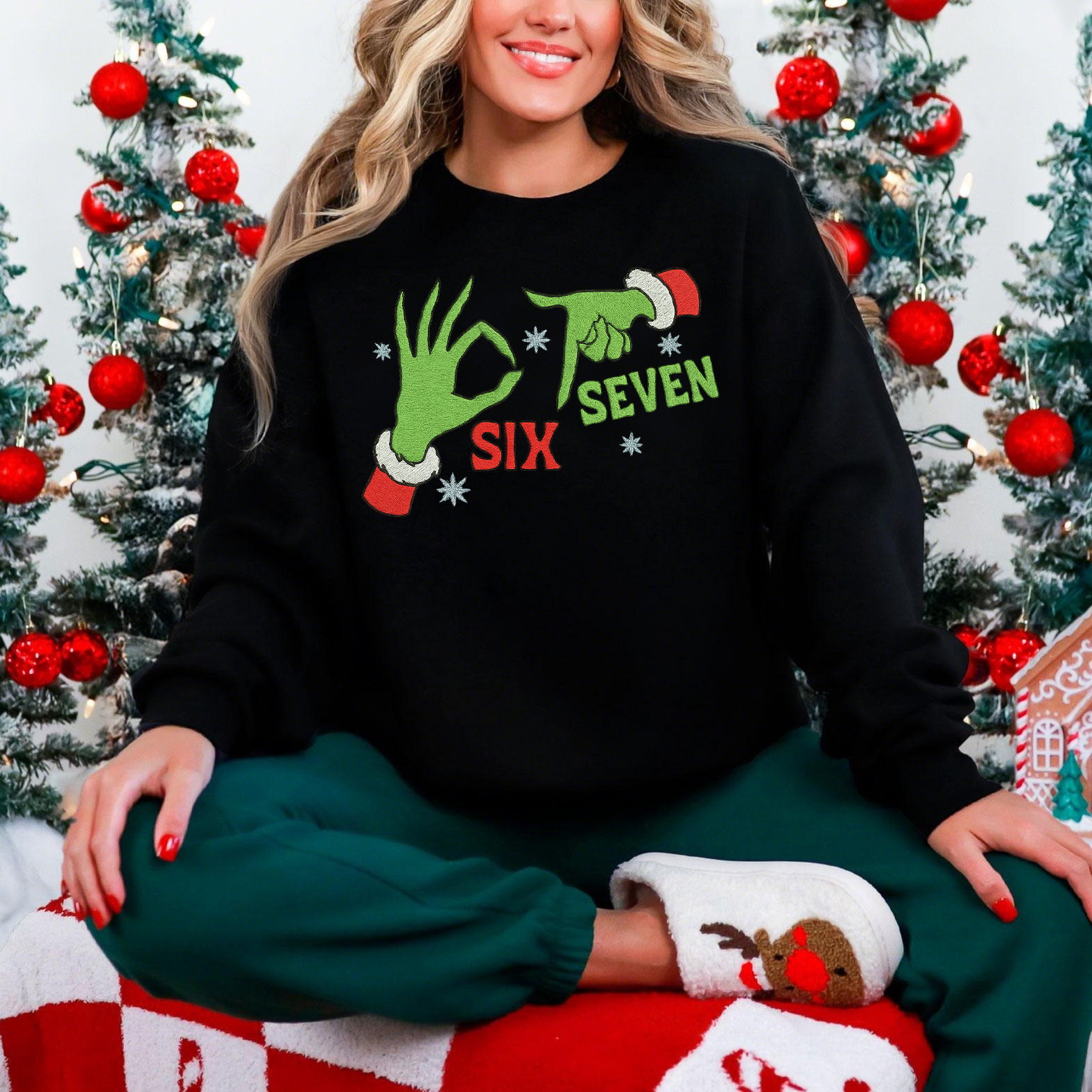 Funny 67 Six Seven Meme Grinch Embroidered Sweatshirt