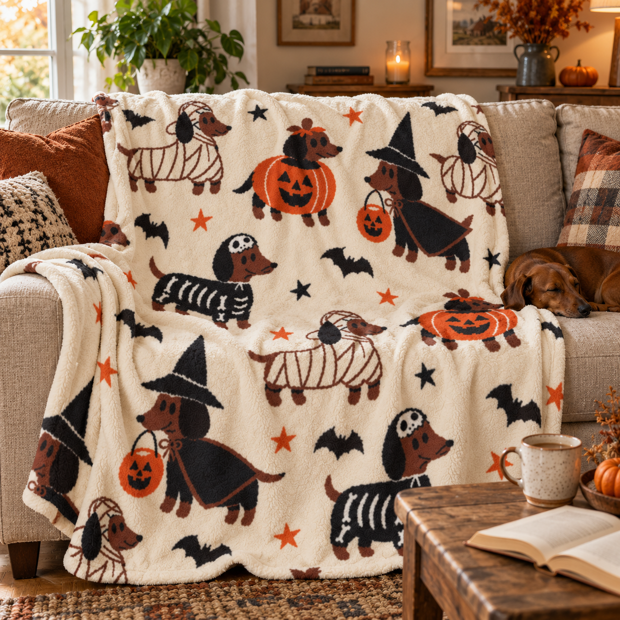 Cute Halloween Dachshund Costume Blanket – Spooky Dog Pattern Throw