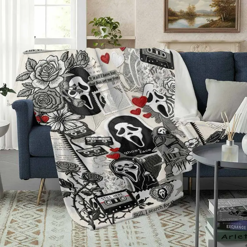Ghost Face Roses Floral Cassette Embroidery Flannel Blanket