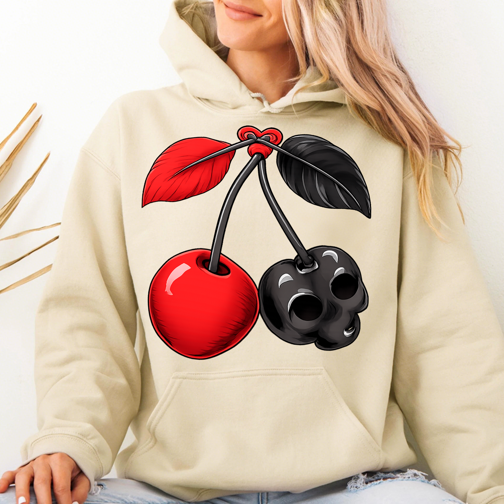 Vintage Black and Red Skull Cherry Print Sweatshirt