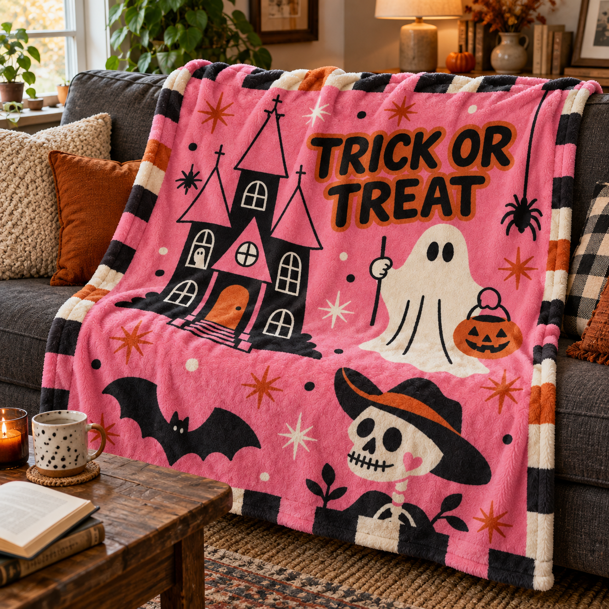 Pink Trick-or-Treat Ghost & Haunted House Halloween Blanket – Cute Spooky Season Throw