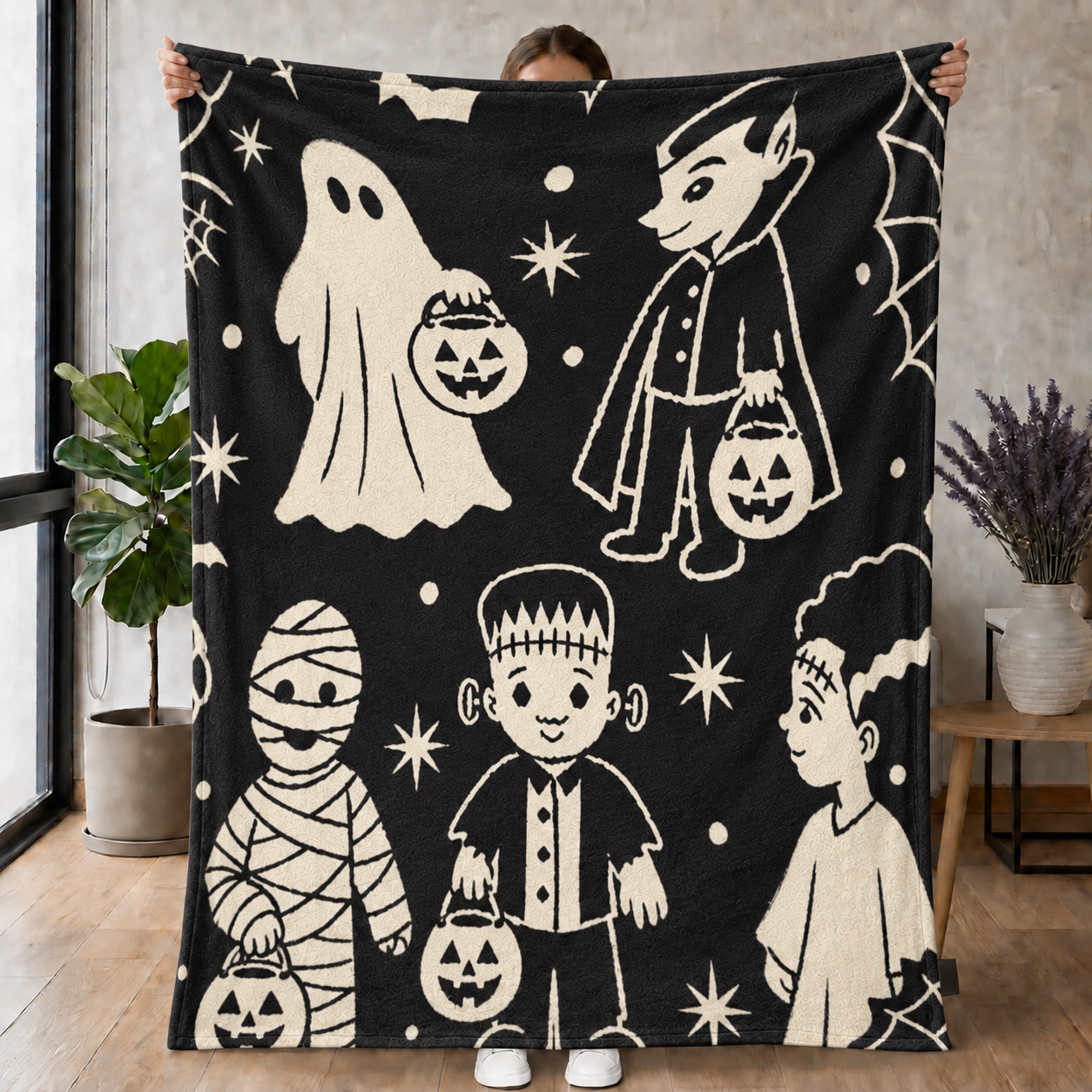 Vintage Halloween Trick-or-Treat Characters Blanket – Spooky Retro Throw